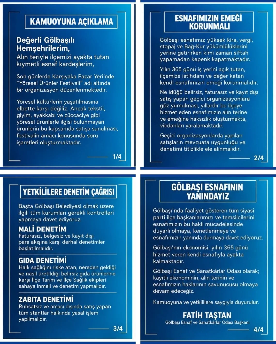 Gölbaşı Esnaf ve Sanatkârlar Odası Başkanı Fatih Taştan'ın Karşıyaka Pazar Yeri'ndeki festivalle ilgili dört sayfalık kamuoyu açıklaması